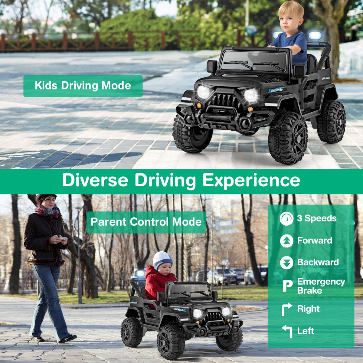 12V Kids Ride on Truck Car with Remote Control Threaded Wheels and 3 Speeds-Black view 7