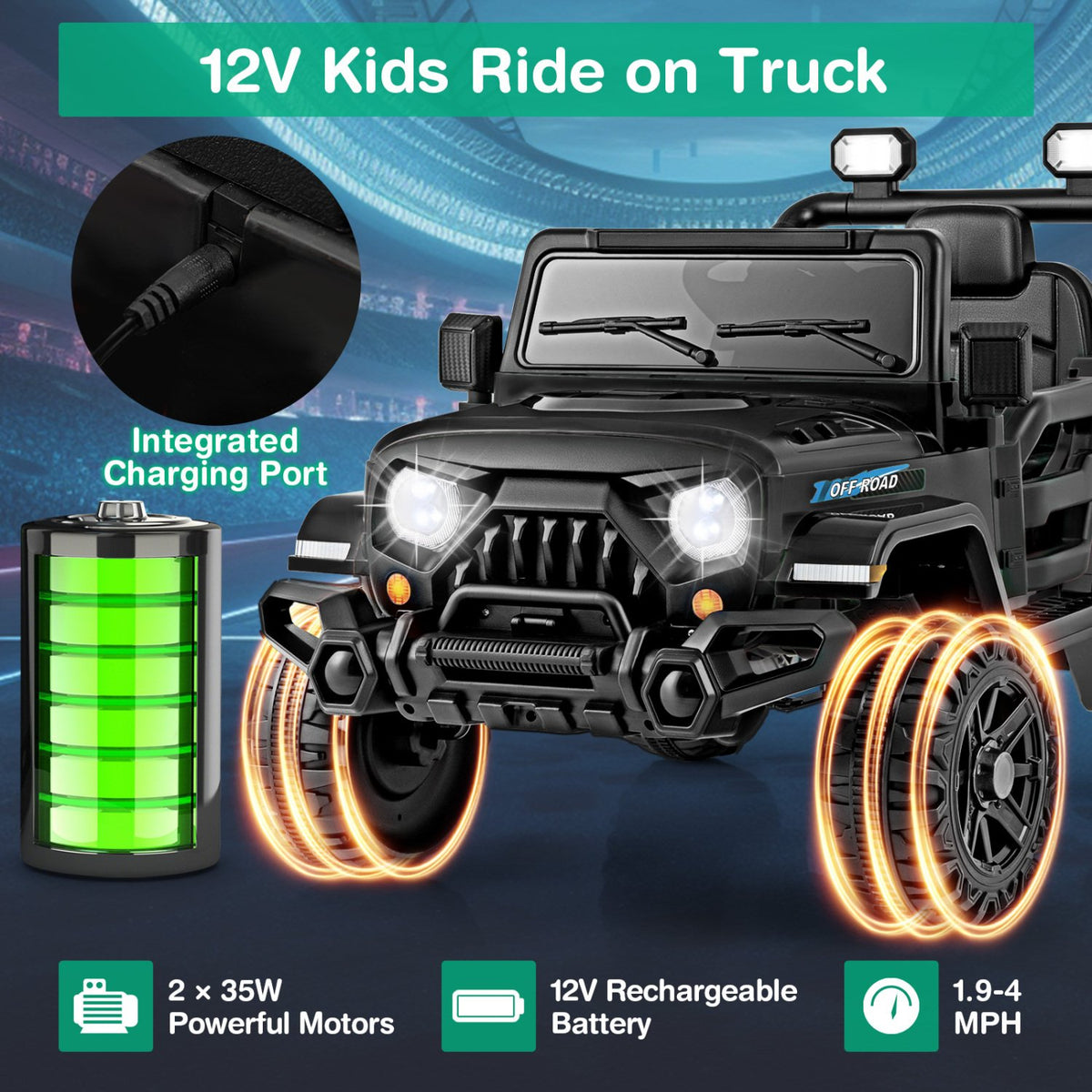 12V Kids Ride on Truck Car with Remote Control Threaded Wheels and 3 Speeds-Black view 9
