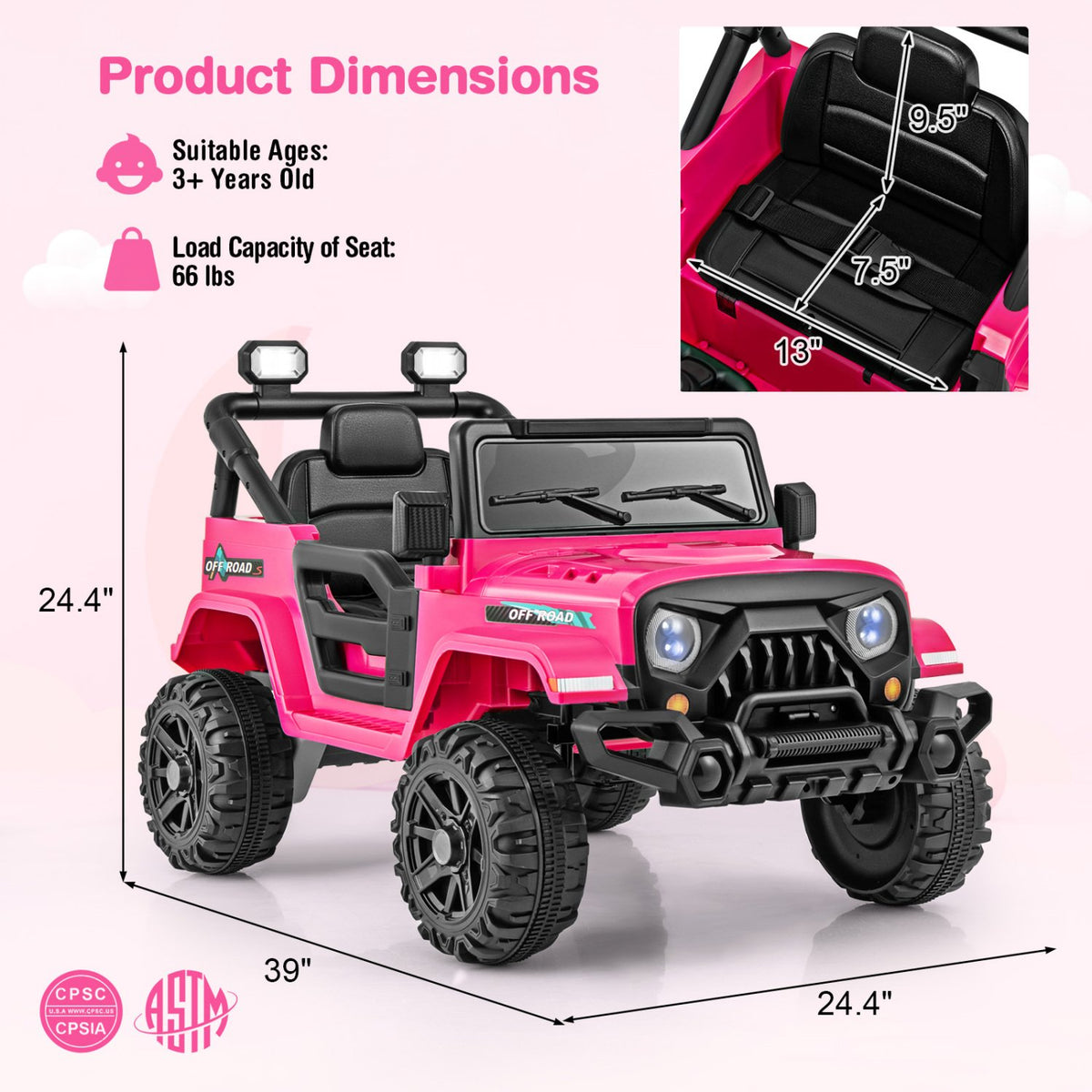 12V Kids Ride on Truck Car with Remote Control Threaded Wheels and 3 Speeds-Pink view 5