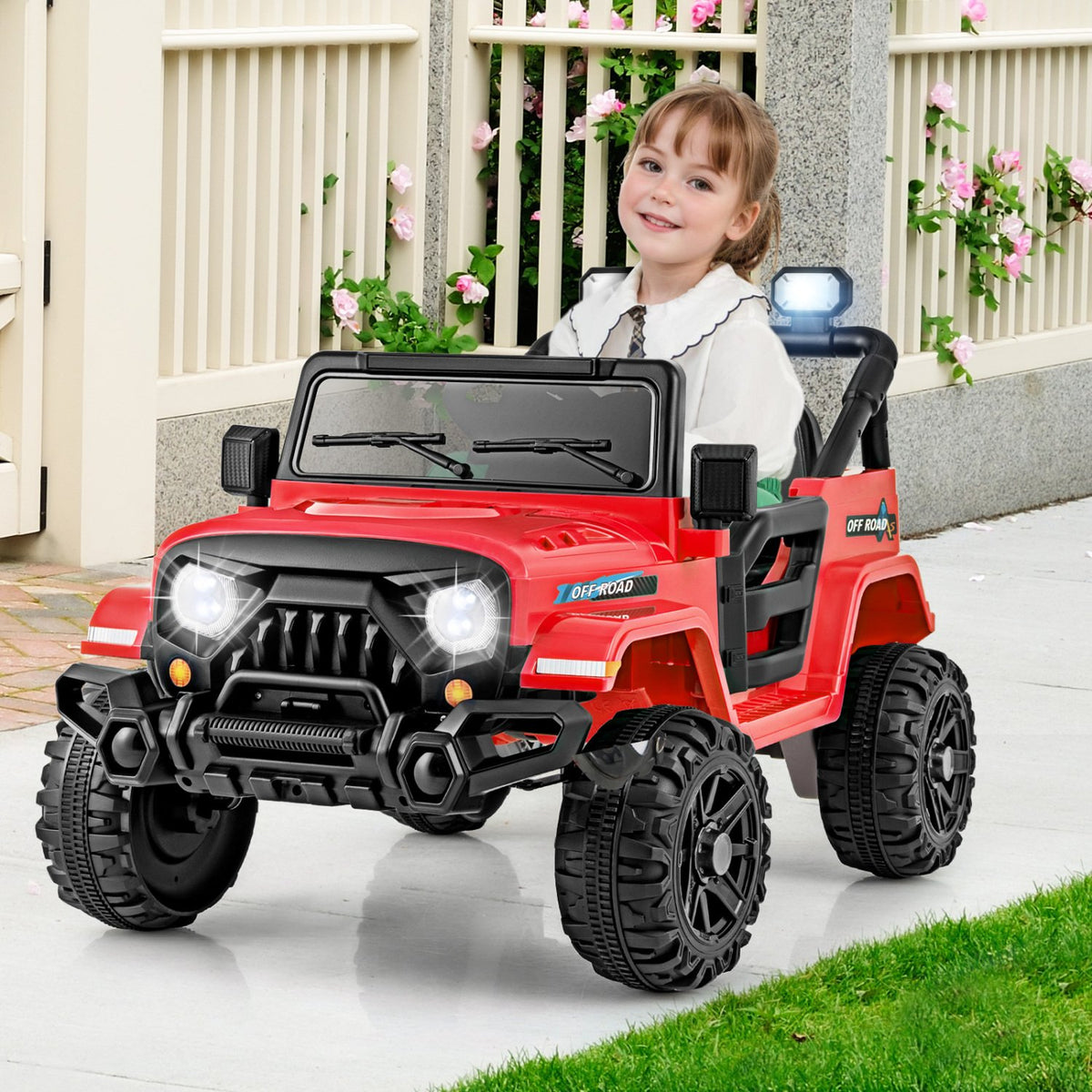 12V Kids Ride on Truck Car with Remote Control Threaded Wheels and 3 Speeds-Red view 2