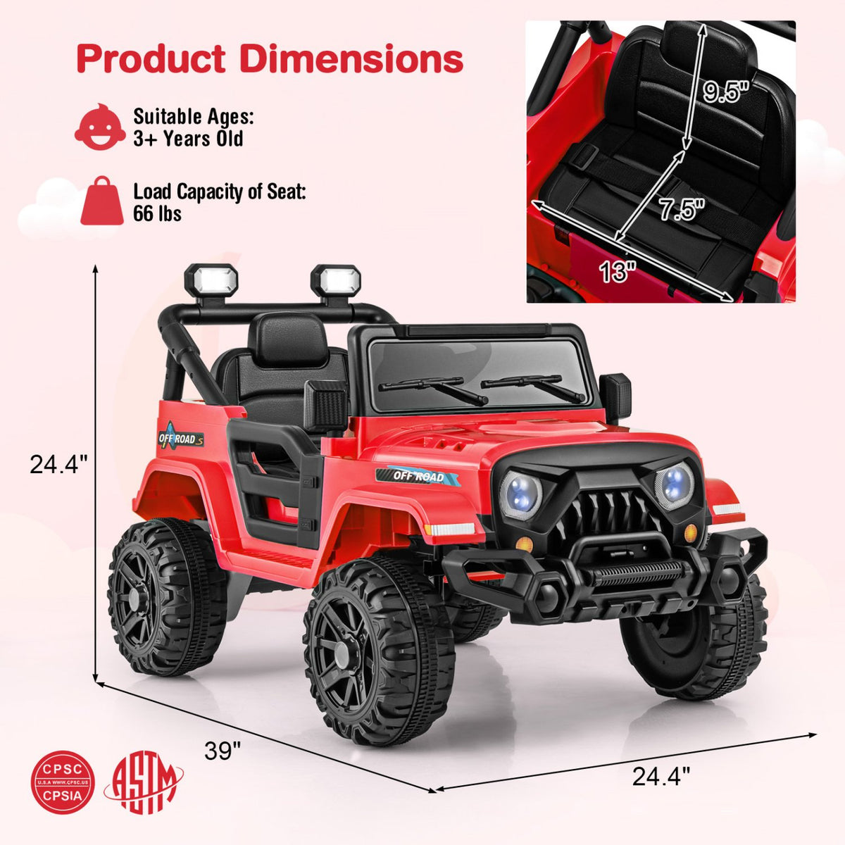 12V Kids Ride on Truck Car with Remote Control Threaded Wheels and 3 Speeds-Red view 4