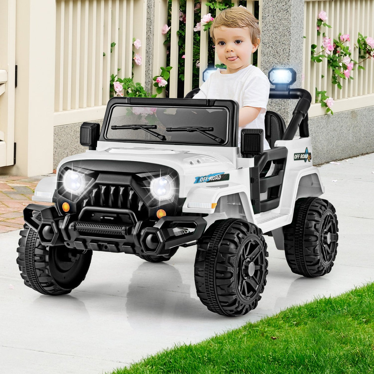 12V Kids Ride on Truck Car with Remote Control Threaded Wheels and 3 Speeds-White view 2