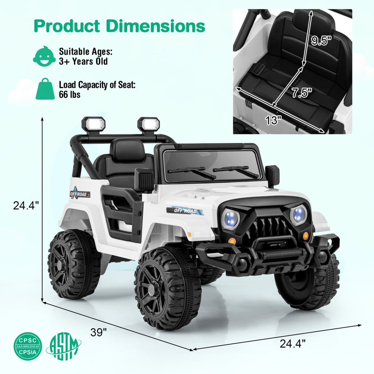 12V Kids Ride on Truck Car with Remote Control Threaded Wheels and 3 Speeds-White view 4