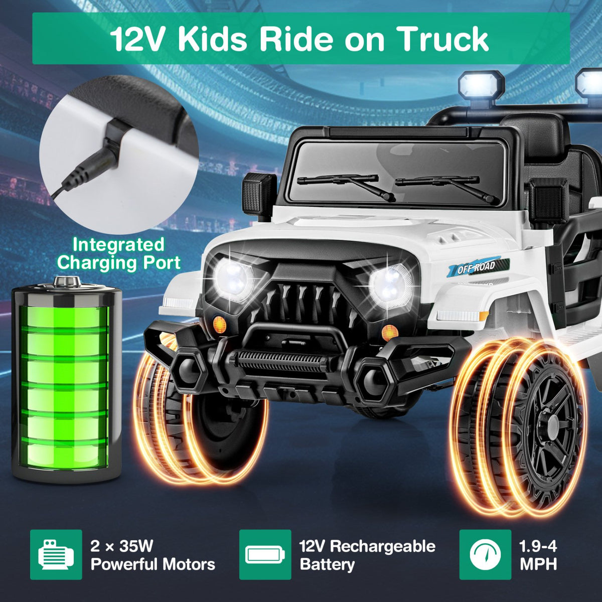 12V Kids Ride on Truck Car with Remote Control Threaded Wheels and 3 Speeds-White view 7