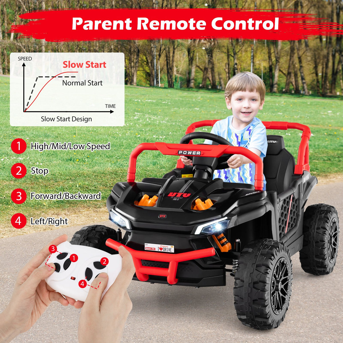 12V Kids Ride on Truck Off-Road UTV with Parental Remote and Lights-Black view 6
