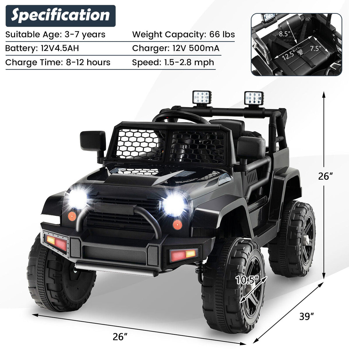 12V Kids Ride On Truck with Remote Control and Headlights-Black view 4