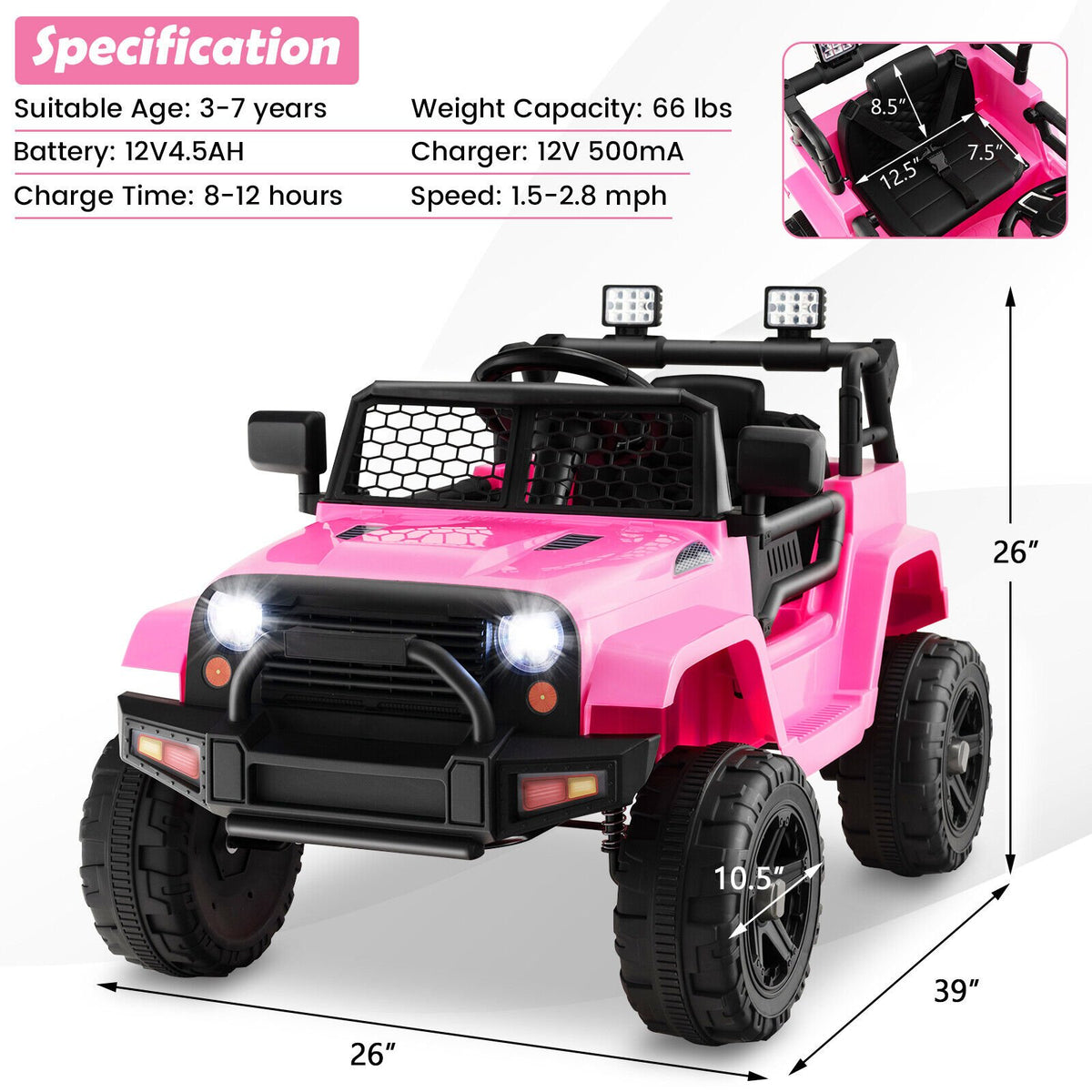 12V Kids Ride On Truck with Remote Control and Headlights-Pink view 4