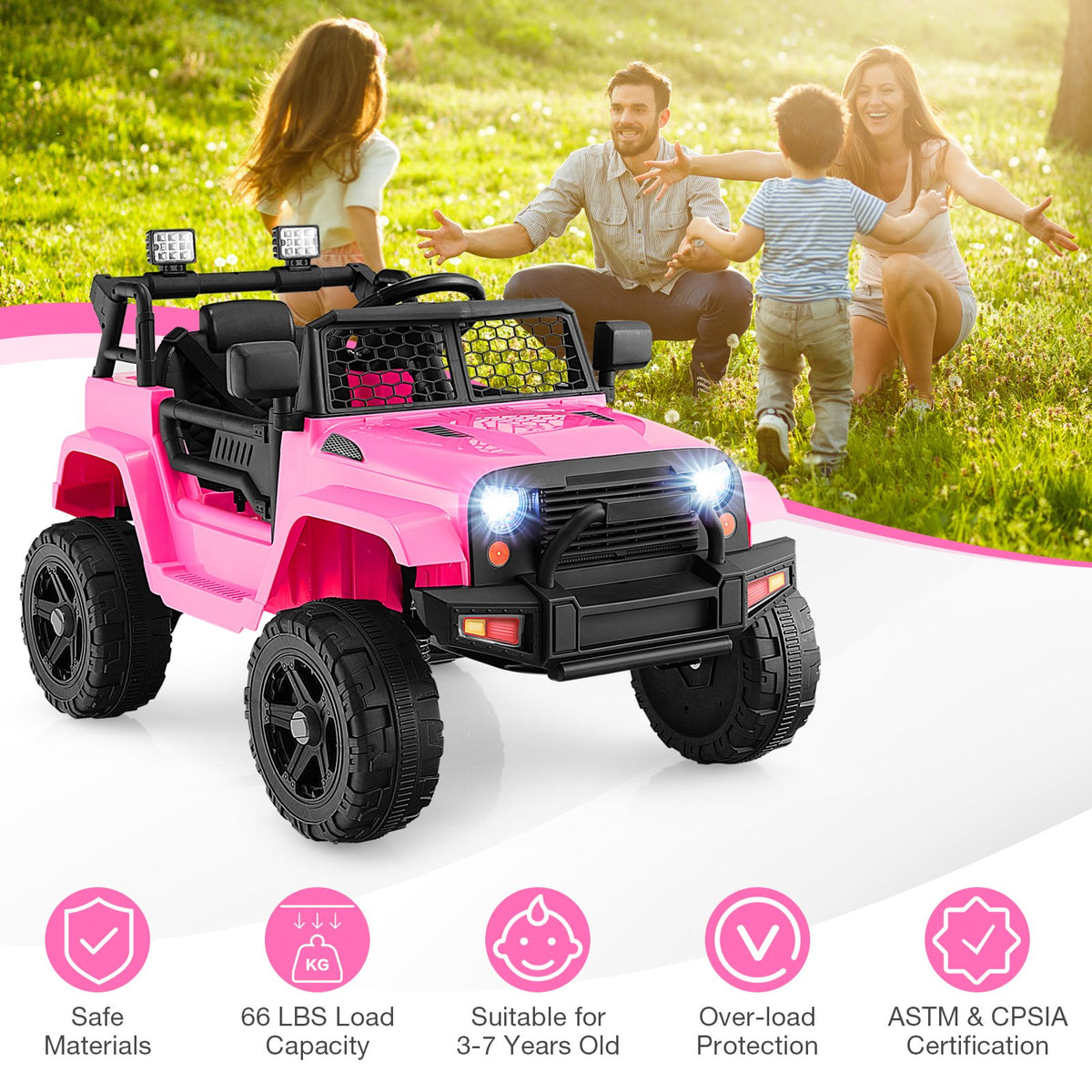 12V Kids Ride On Truck with Remote Control and Headlights-Pink view 5