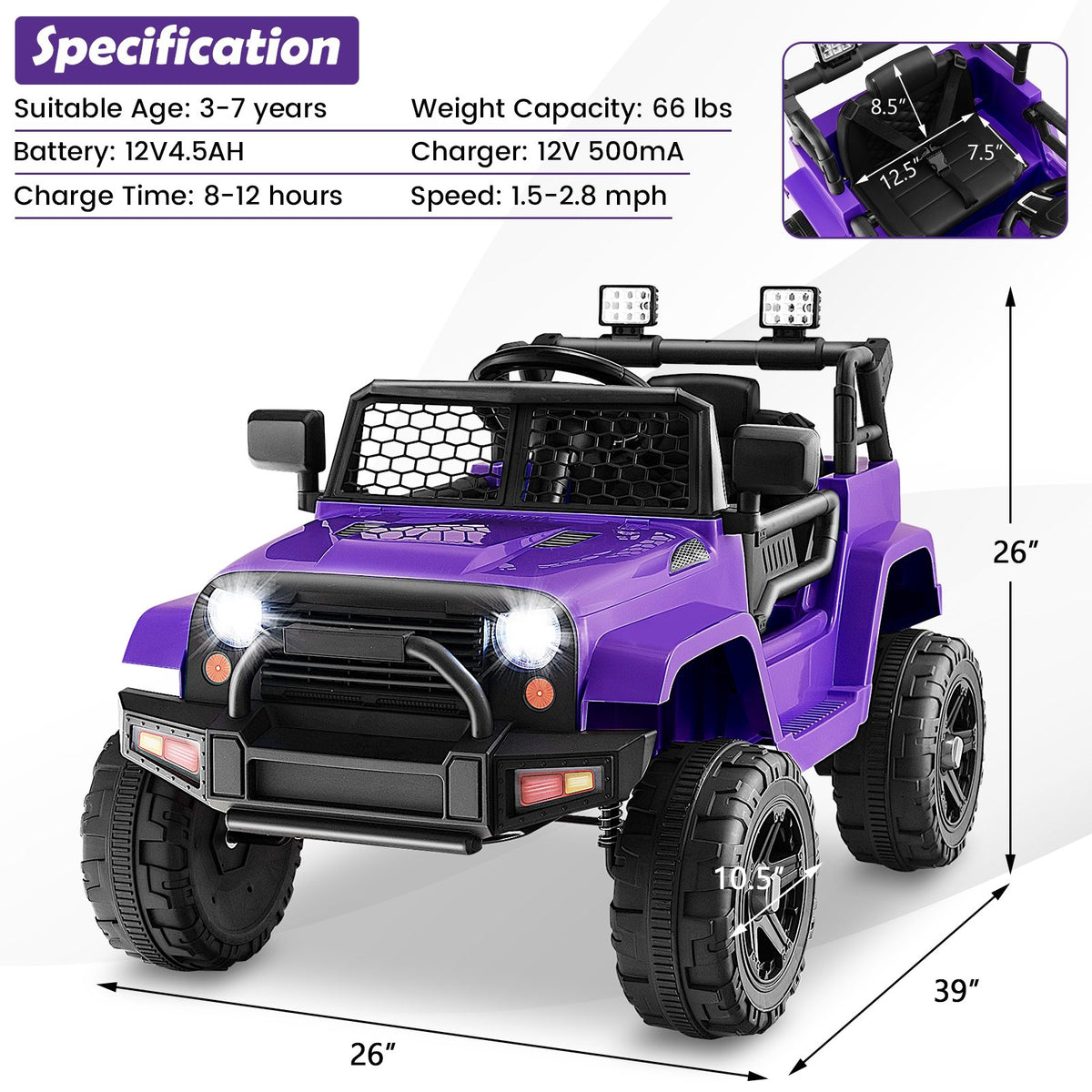 12V Kids Ride On Truck with Remote Control and Headlights-Purple view 4