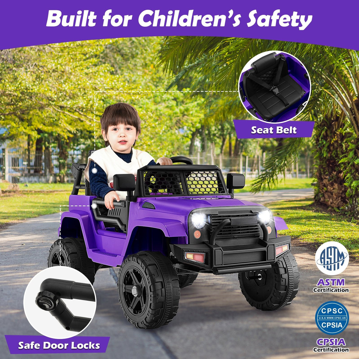 12V Kids Ride On Truck with Remote Control and Headlights-Purple view 6