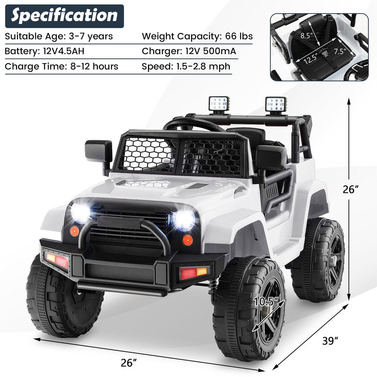 12V Kids Ride On Truck with Remote Control and Headlights-White view 4