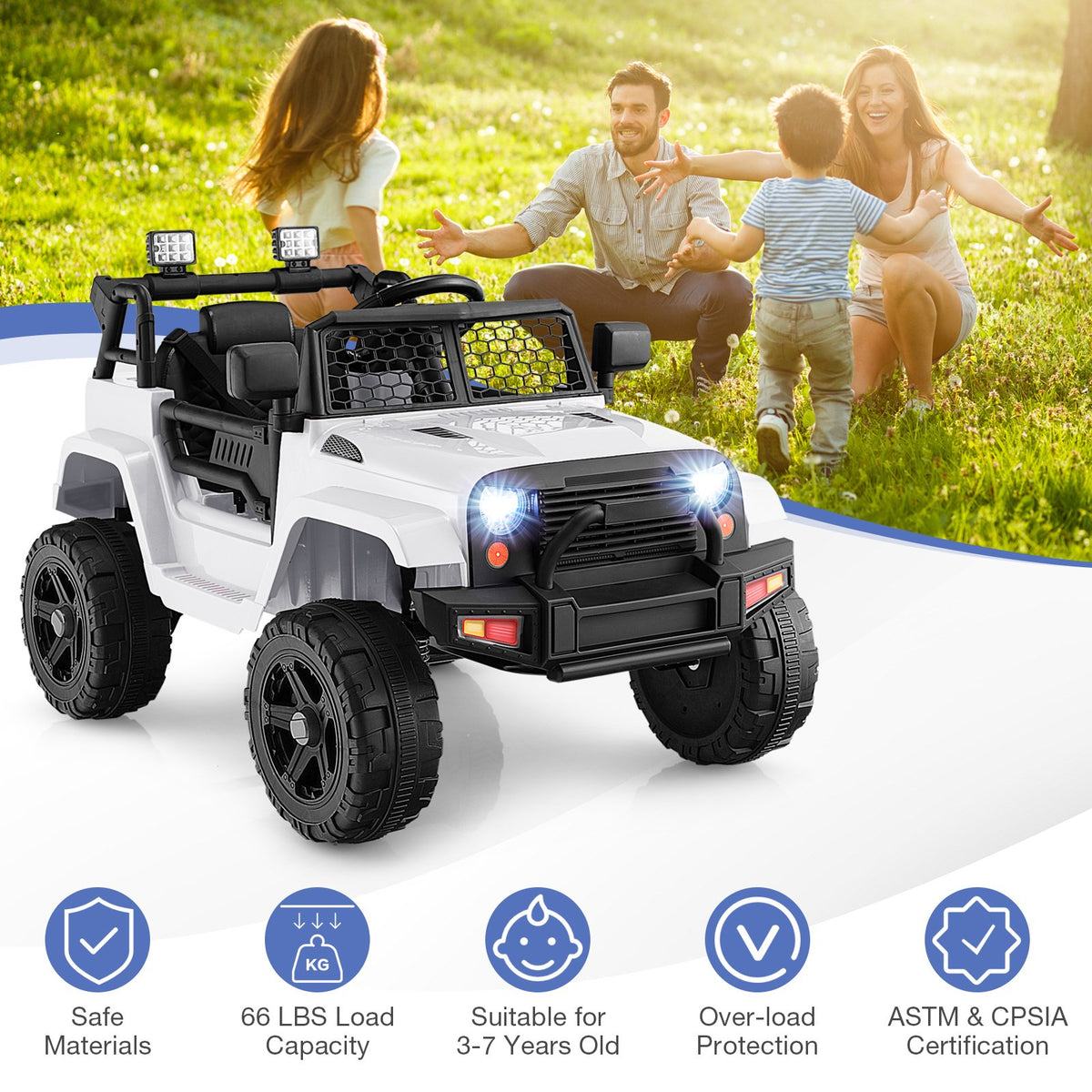 12V Kids Ride On Truck with Remote Control and Headlights-White view 5