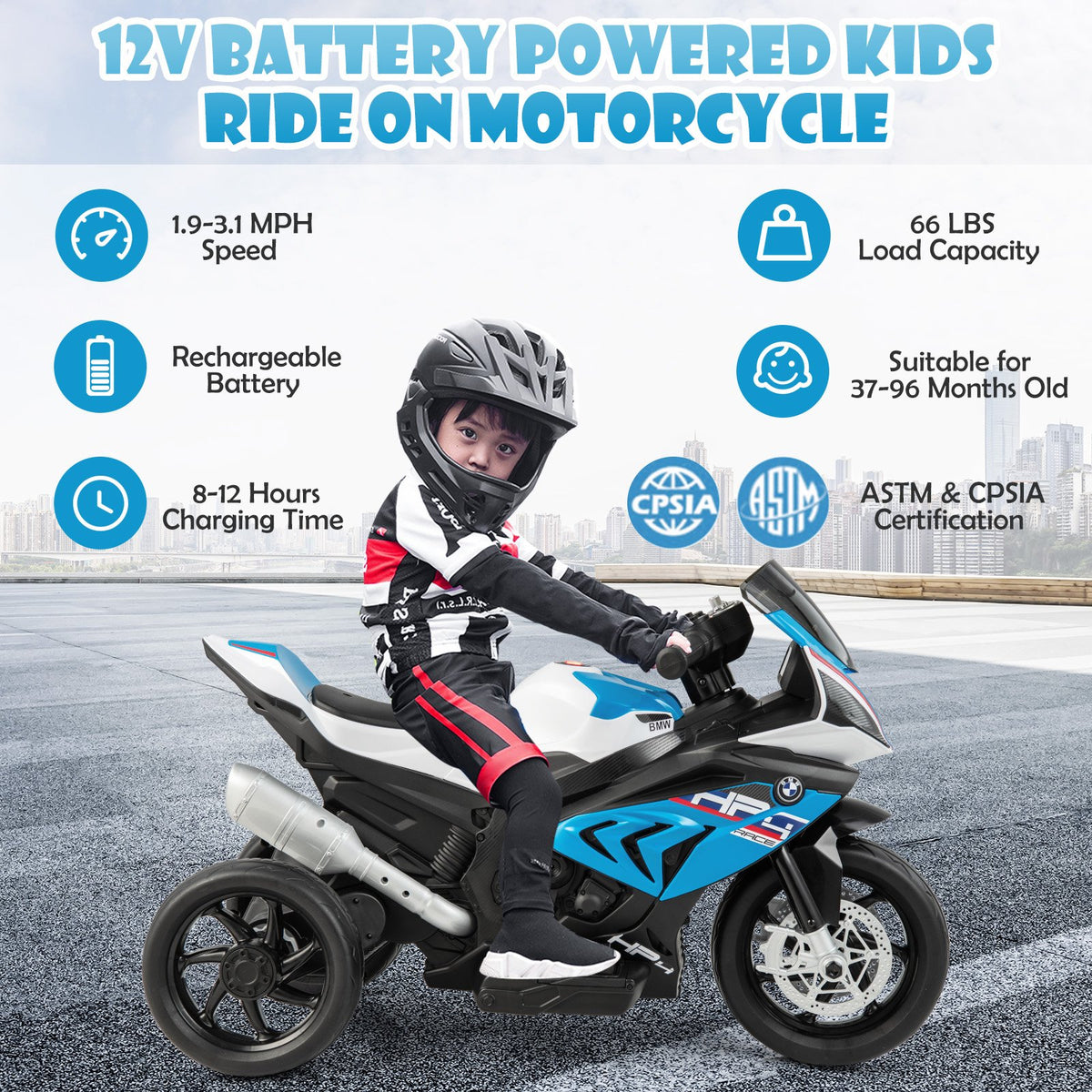 12V Licensed BMW Kids Motorcycle Ride-On Toy for 37-96 Months Old Kids-Blue view 5
