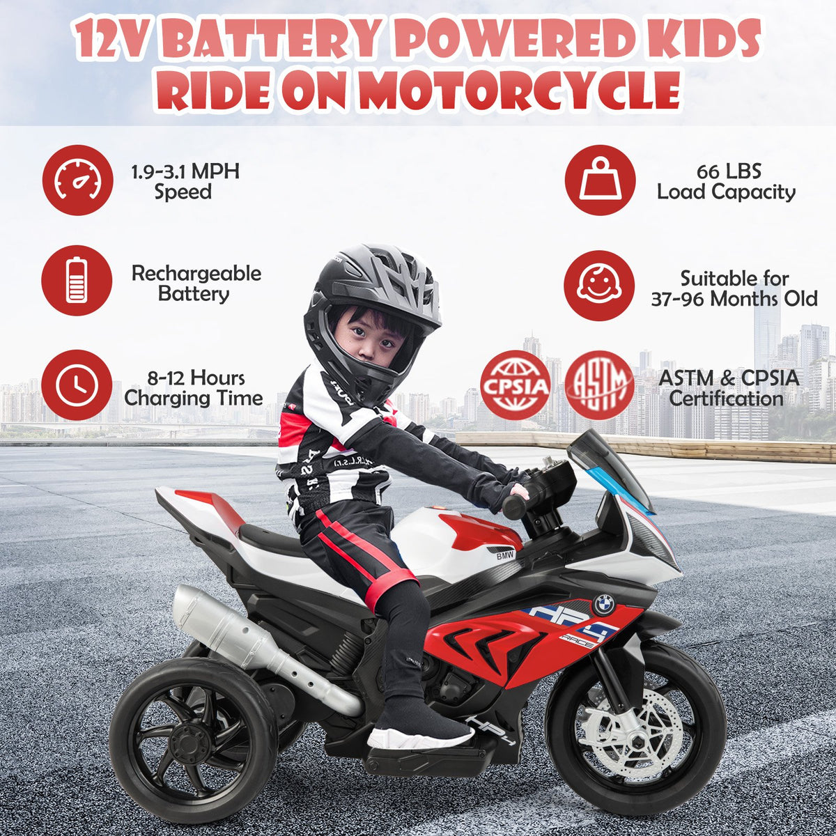 12V Licensed BMW Kids Motorcycle Ride-On Toy for 37-96 Months Old Kids-Red view 6