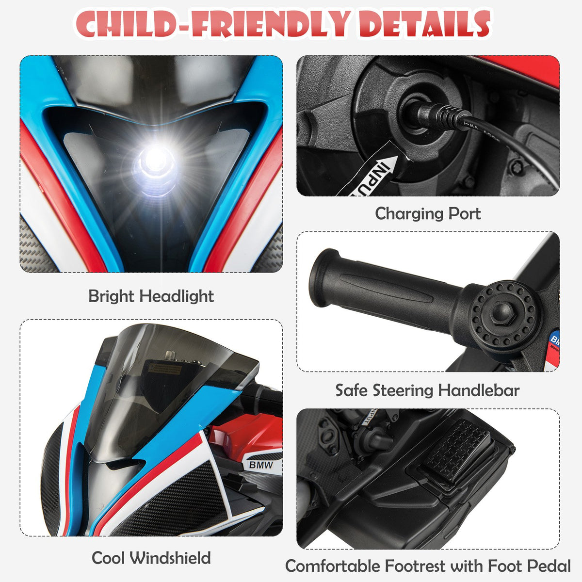12V Licensed BMW Kids Motorcycle Ride-On Toy for 37-96 Months Old Kids-Red view 9