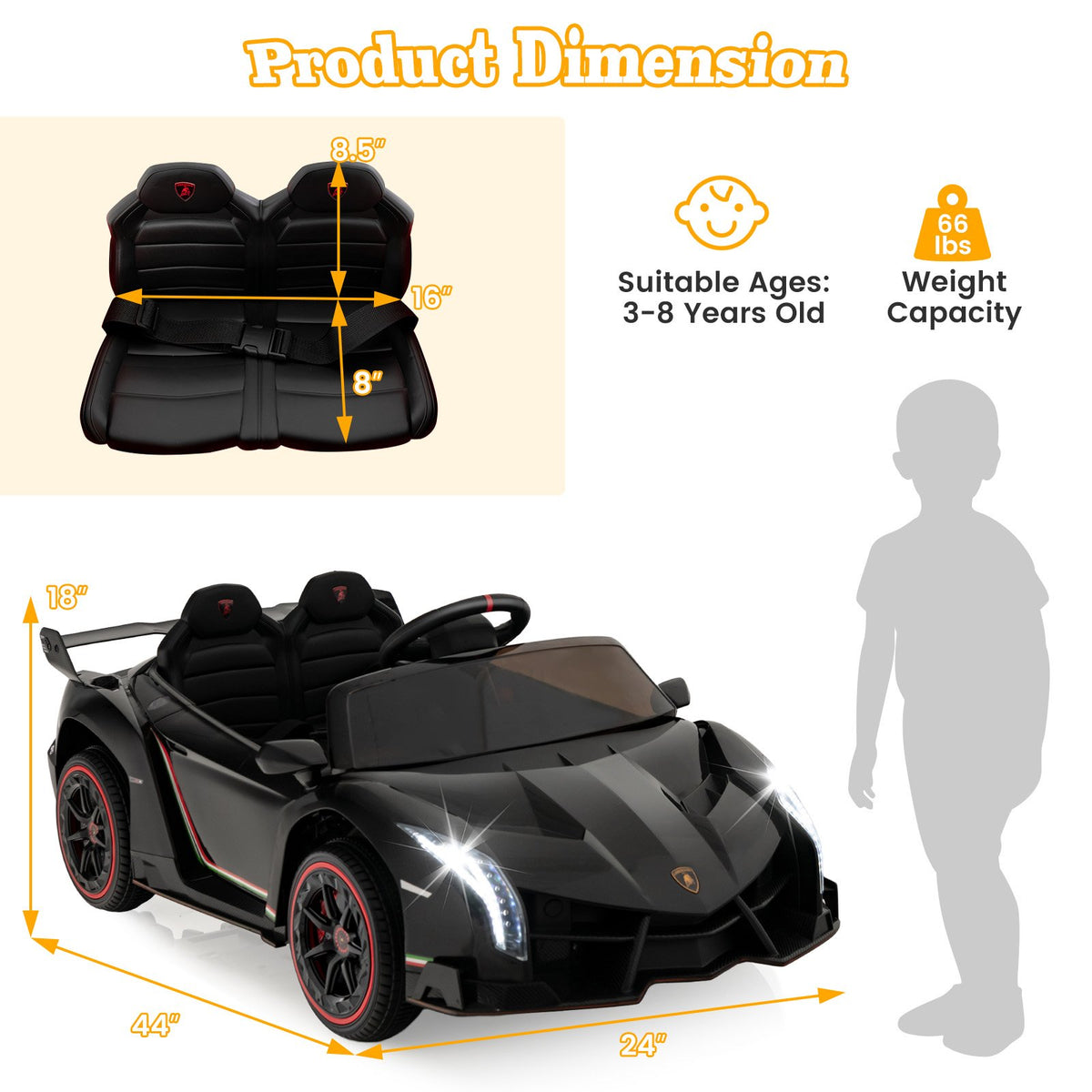 12V Licensed Lamborghini 4WD Kids Ride-on Sports Car with 2.4G Remote-Black view 4
