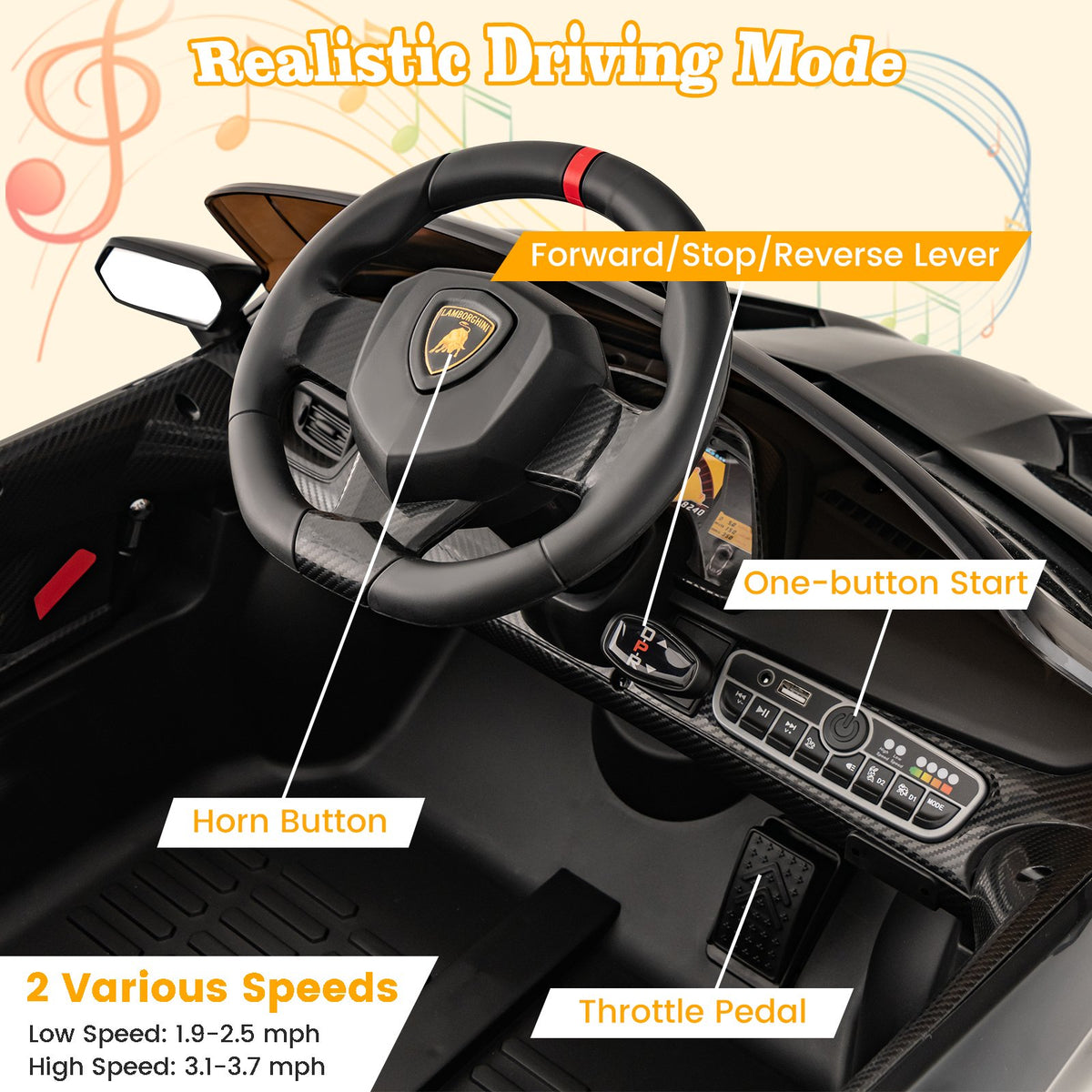 12V Licensed Lamborghini 4WD Kids Ride-on Sports Car with 2.4G Remote-Black view 7