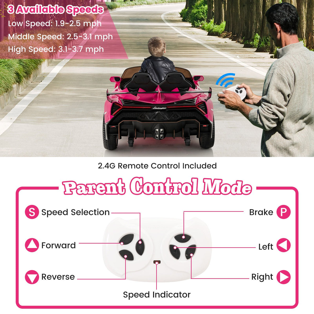 12V Licensed Lamborghini 4WD Kids Ride-on Sports Car with 2.4G Remote-Pink view 5