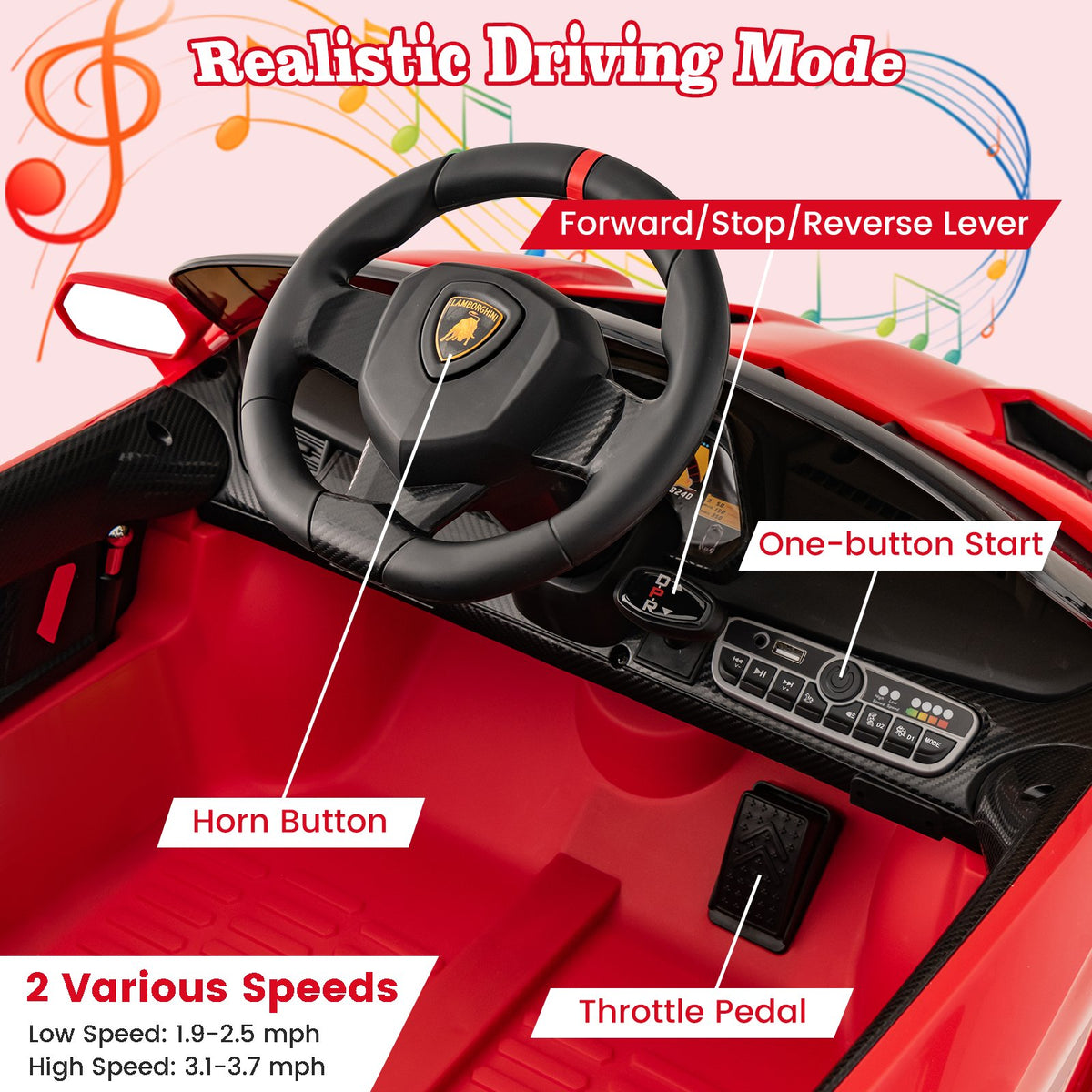 12V Licensed Lamborghini 4WD Kids Ride-on Sports Car with 2.4G Remote-Red view 6