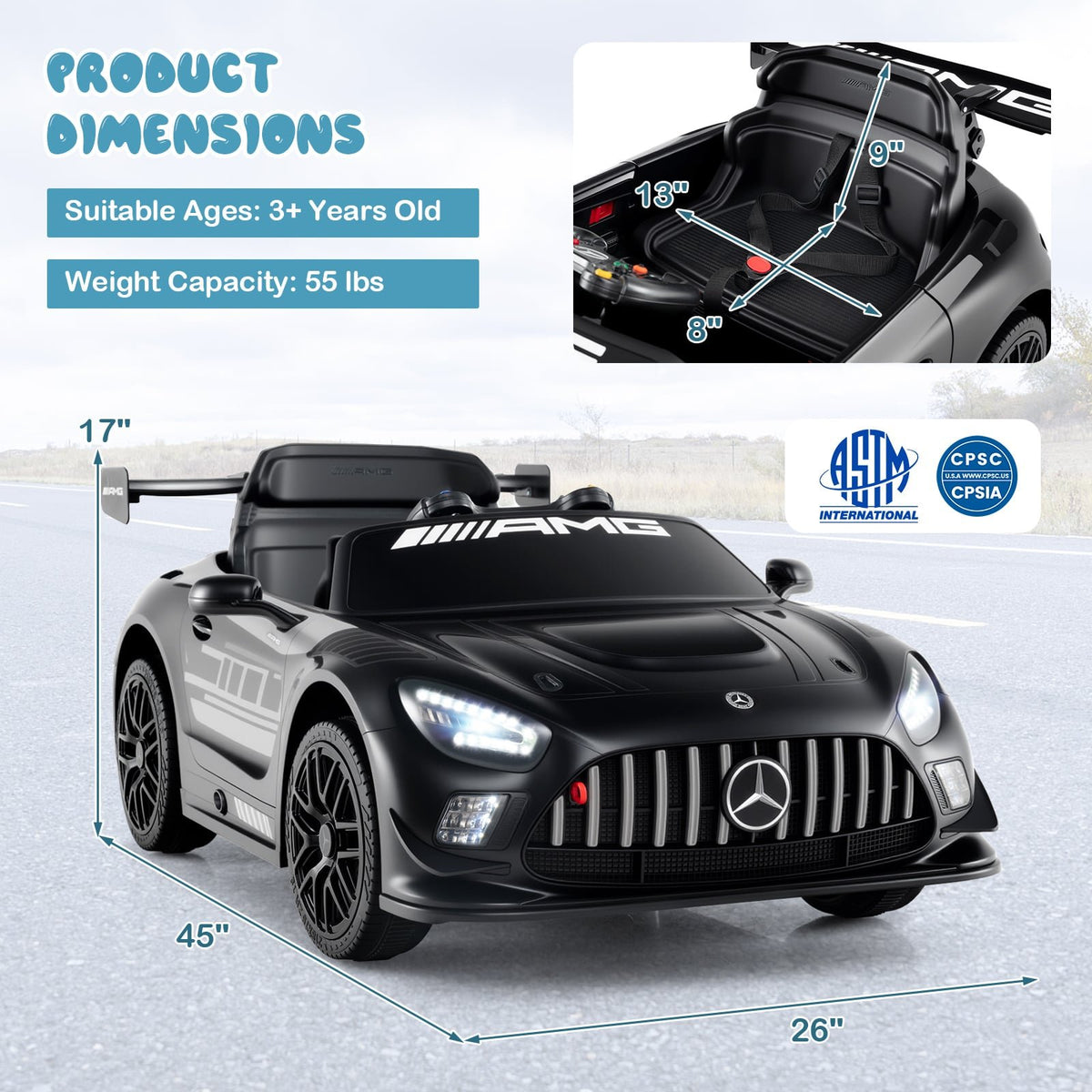 12V Kids Ride-On Car Mercedes-AMG GT3 Licensed with Adjustable Speed-Black view 4