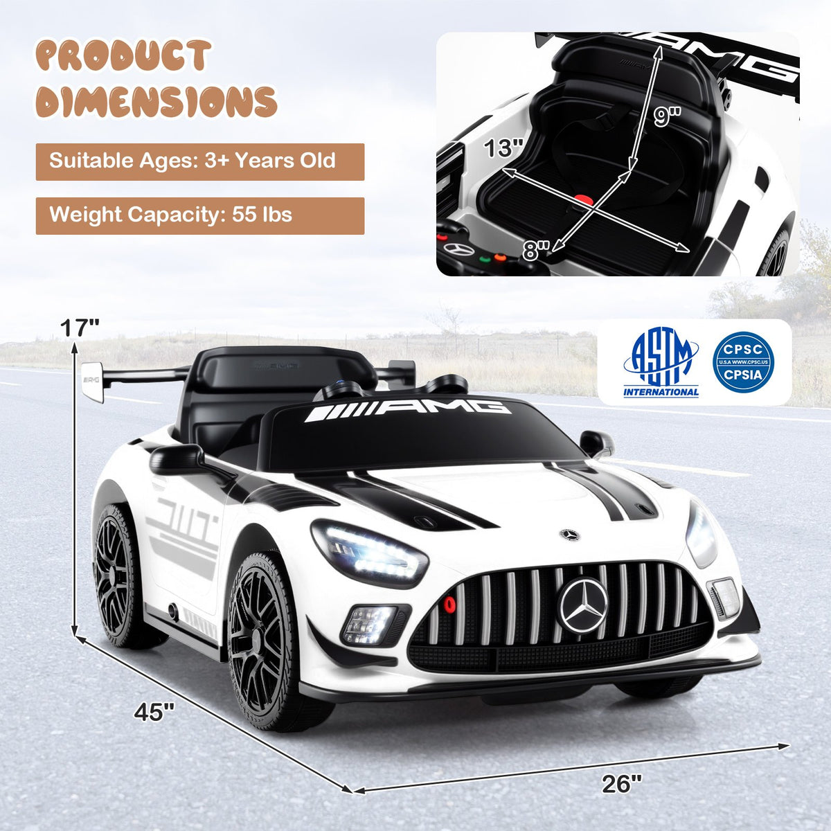 12V Kids Ride-On Car Mercedes-AMG GT3 Licensed with Adjustable Speed-White view 4