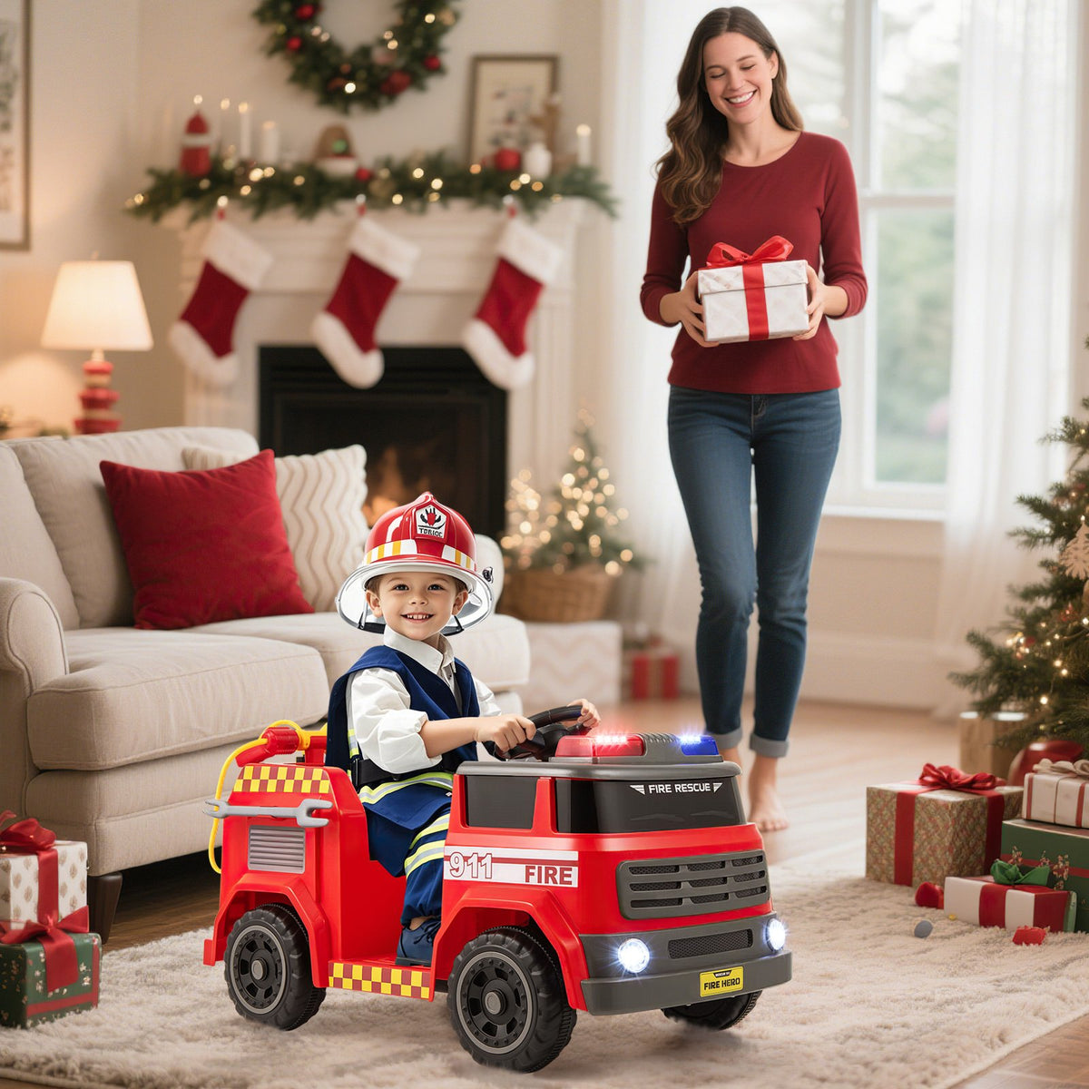 12V Ride on Fire Truck Powered Car with Water Gun and Interphone-Red view 2