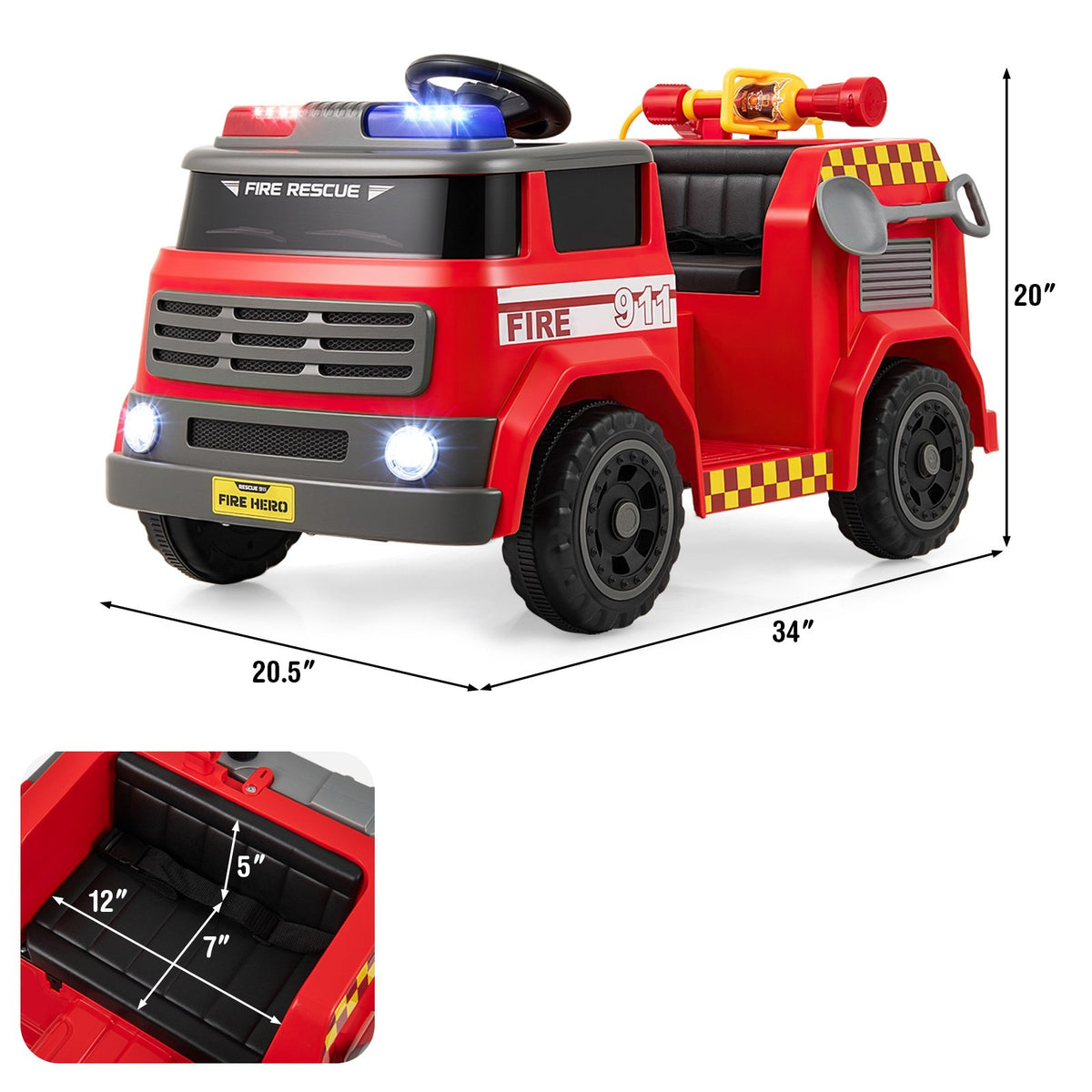 12V Ride on Fire Truck Powered Car with Water Gun and Interphone-Red view 4