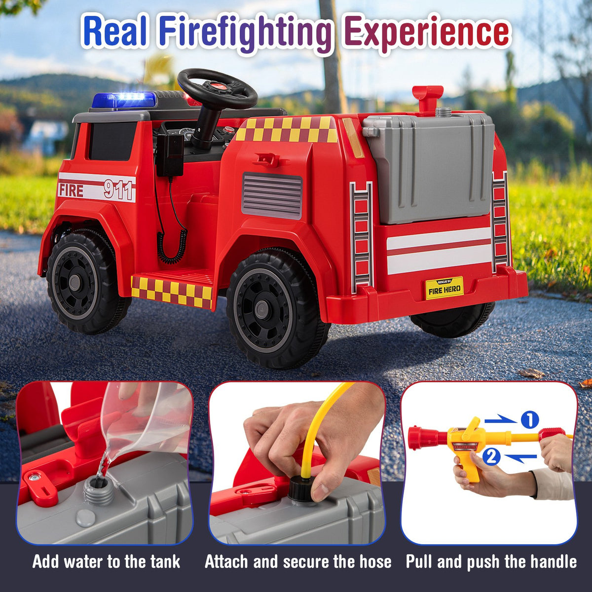 12V Ride on Fire Truck Powered Car with Water Gun and Interphone-Red view 8