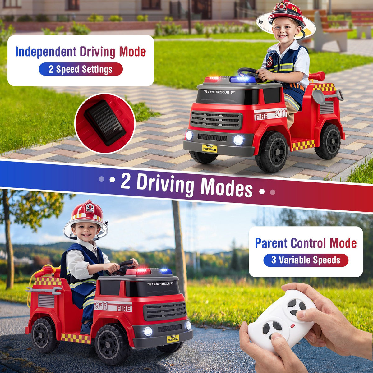 12V Ride on Fire Truck Powered Car with Water Gun and Interphone-Red view 9