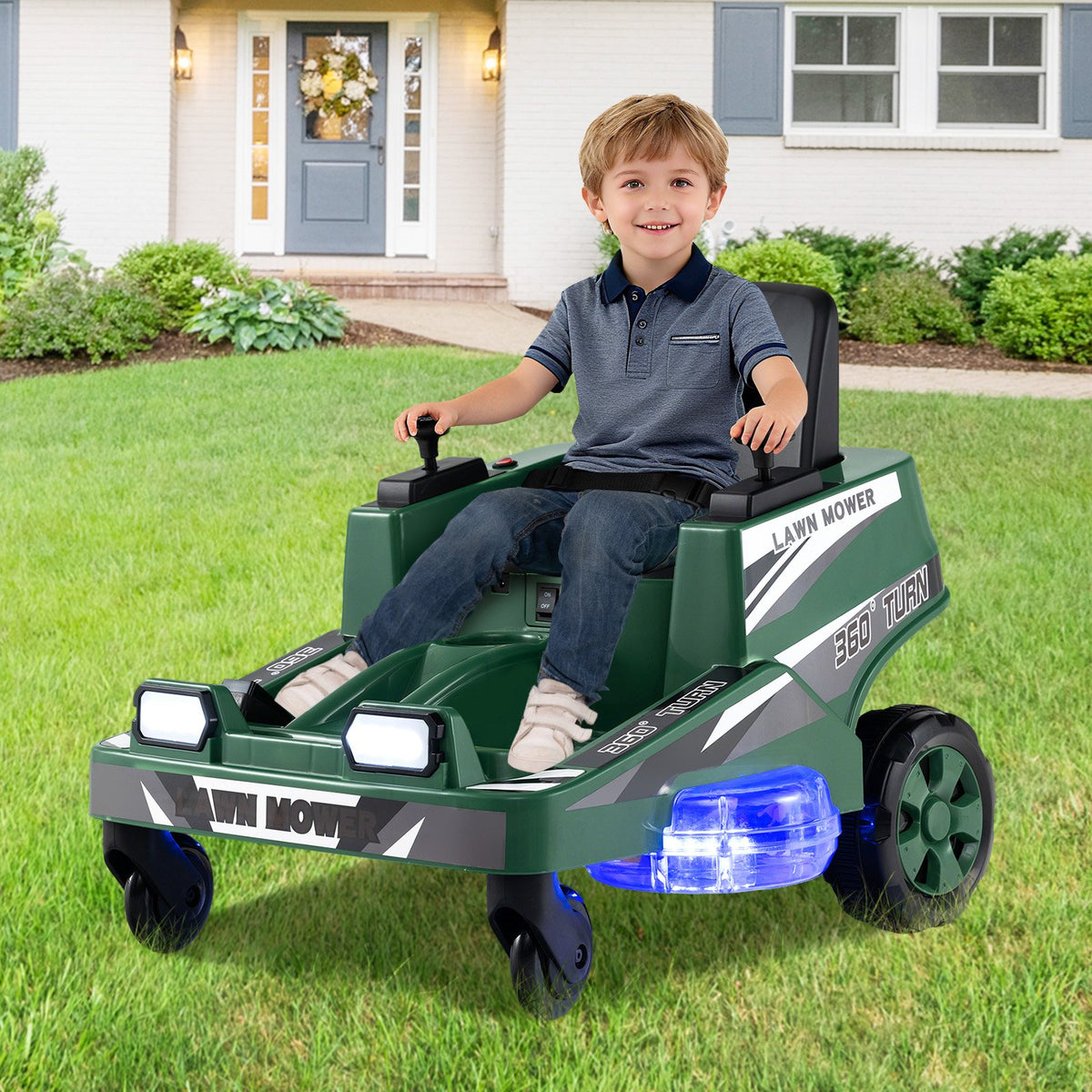 12V Ride on Lawn Mower for Kids with Dual Control Sticks and LED Lights-Green view 2