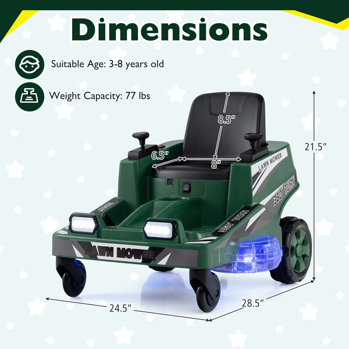12V Ride on Lawn Mower for Kids with Dual Control Sticks and LED Lights-Green view 4
