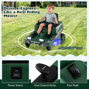 12V Ride on Lawn Mower for Kids with Dual Control Sticks and LED Lights-Green view 6