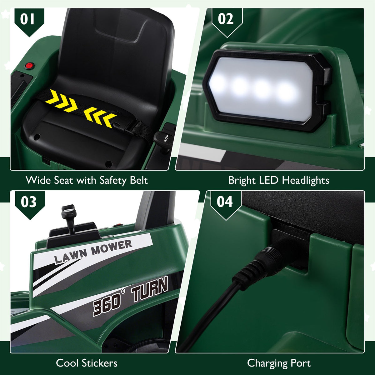 12V Ride on Lawn Mower for Kids with Dual Control Sticks and LED Lights-Green view 8
