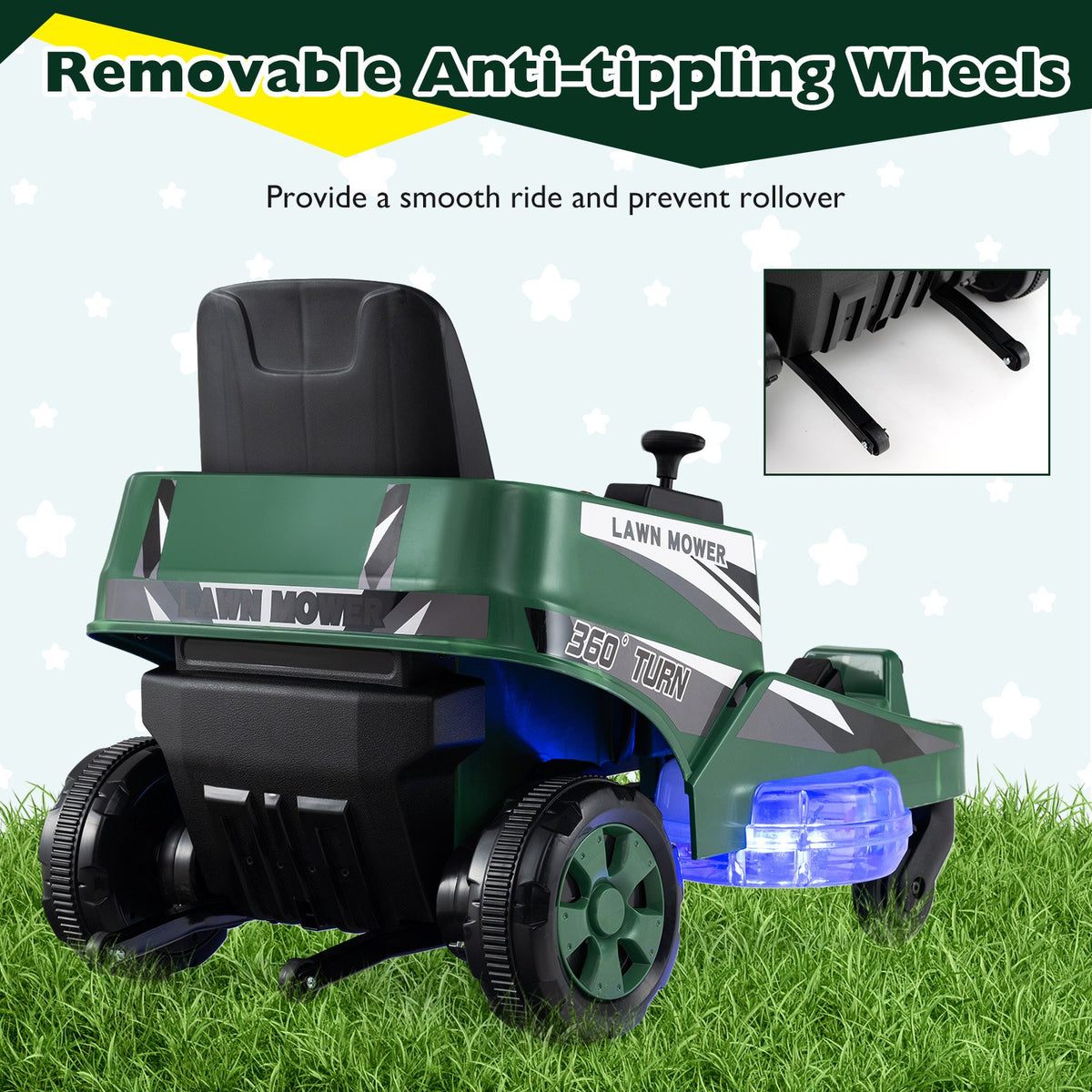 12V Ride on Lawn Mower for Kids with Dual Control Sticks and LED Lights-Green view 9