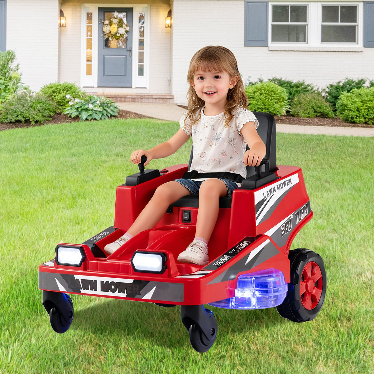 12V Ride on Lawn Mower for Kids with Dual Control Sticks and LED Lights-Red view 2