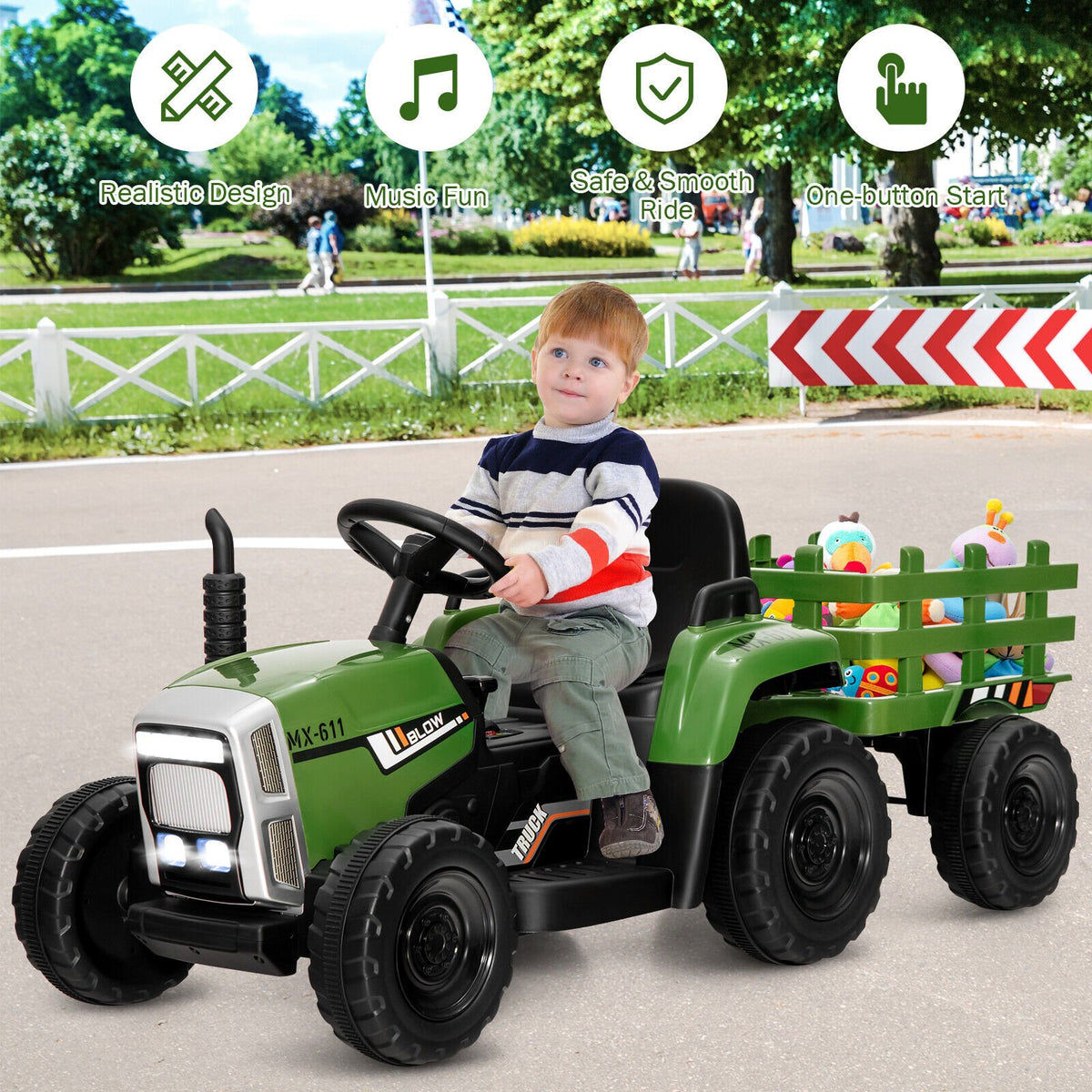 12V Ride on Tractor with 3-Gear-Shift Ground Loader for Kids 3+ Years Old-Dark Green view 2
