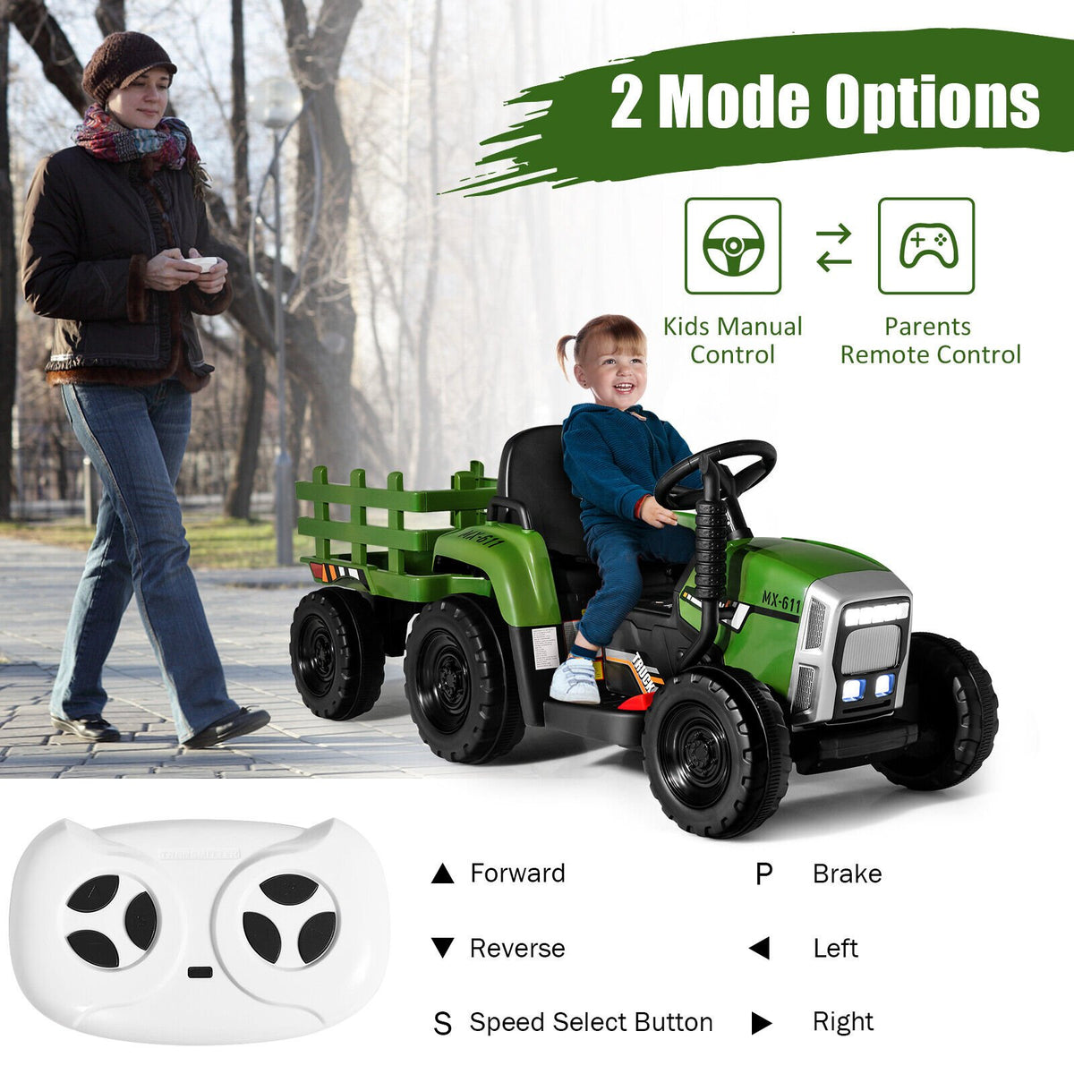 12V Ride on Tractor with 3-Gear-Shift Ground Loader for Kids 3+ Years Old-Dark Green view 3