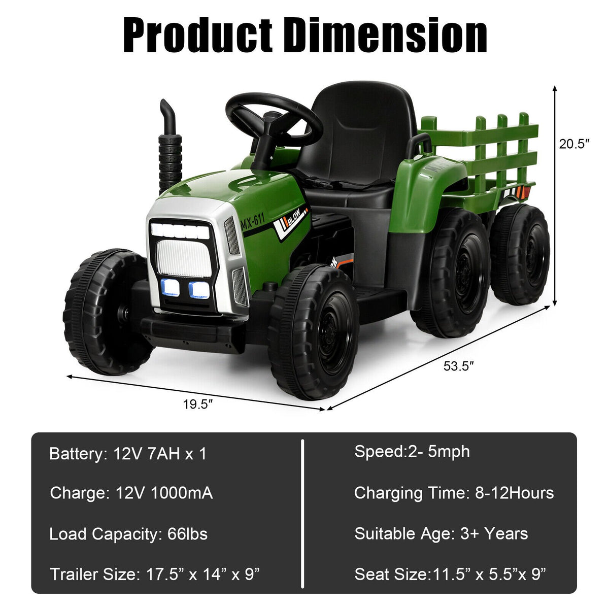 12V Ride on Tractor with 3-Gear-Shift Ground Loader for Kids 3+ Years Old-Dark Green view 5