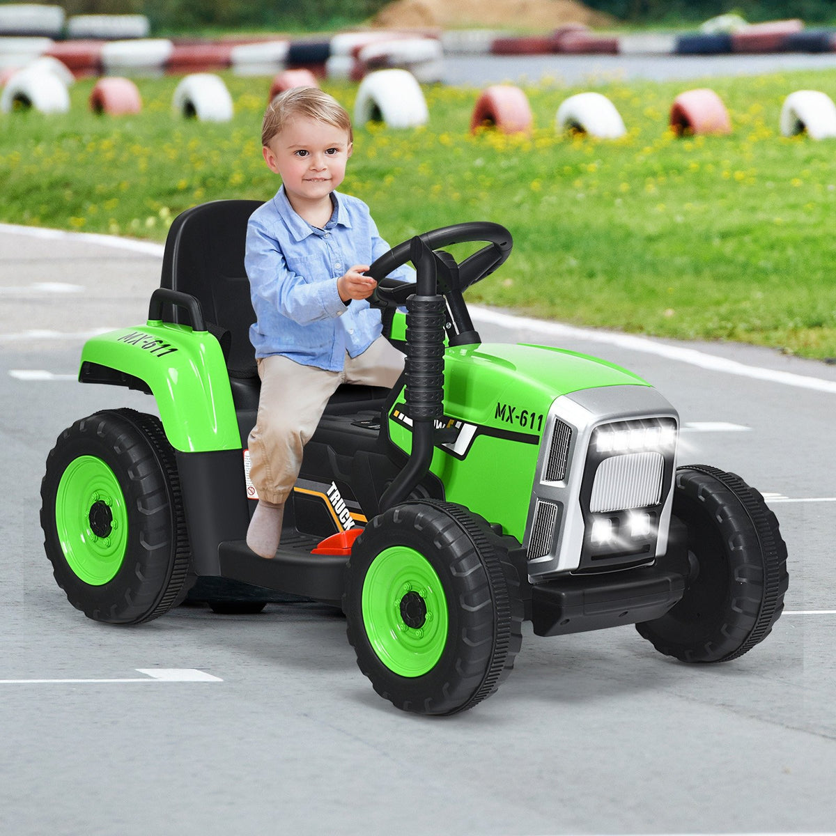 12V Ride on Tractor with 3-Gear-Shift Ground Loader for Kids 3+ Years Old-Green view 2