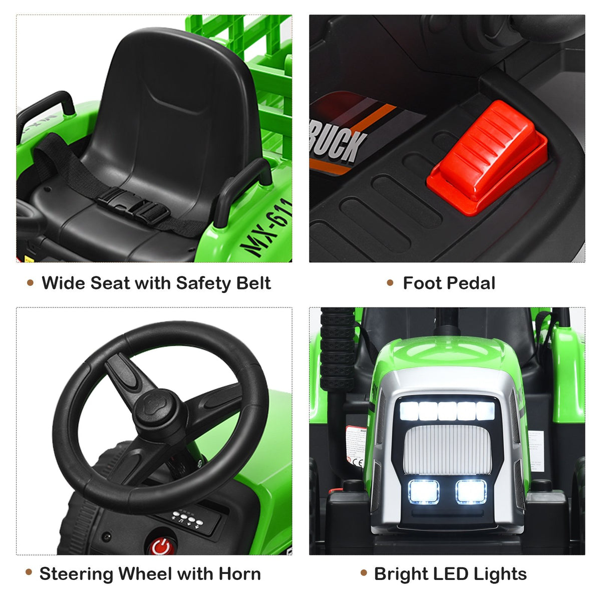 12V Ride on Tractor with 3-Gear-Shift Ground Loader for Kids 3+ Years Old-Green view 9