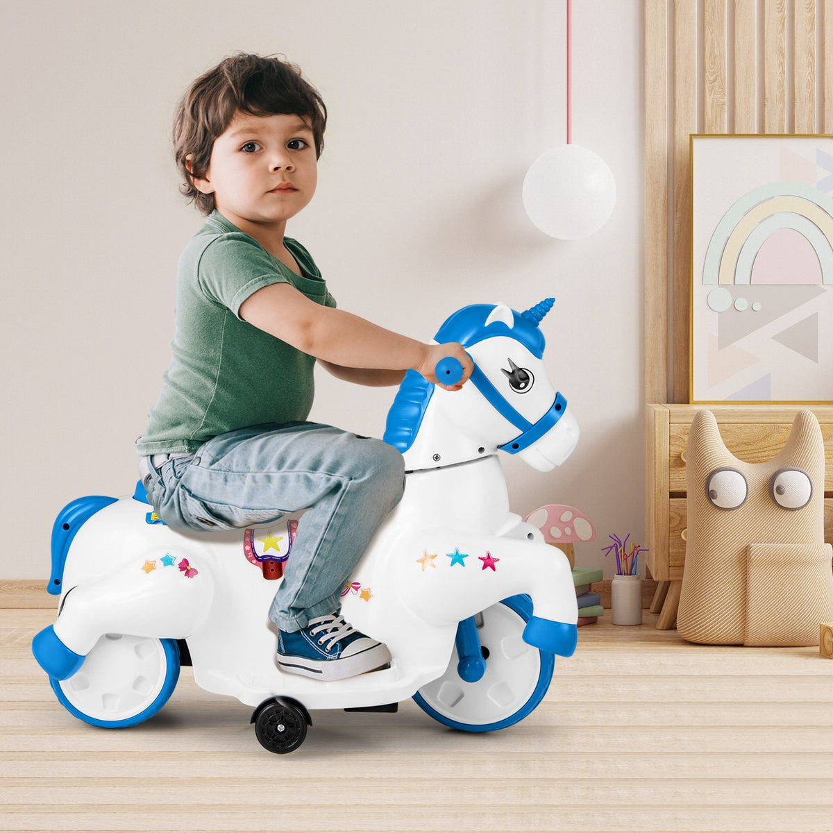 12V Unicorn Ride on Toy with Training Wheels and Horse Riding Mode-Navy view 2