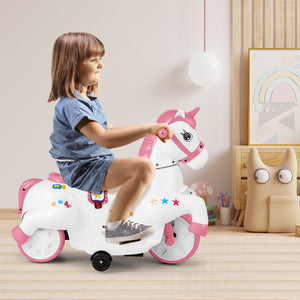 12V Unicorn Ride on Toy with Training Wheels and Horse Riding Mode-Pink view 3