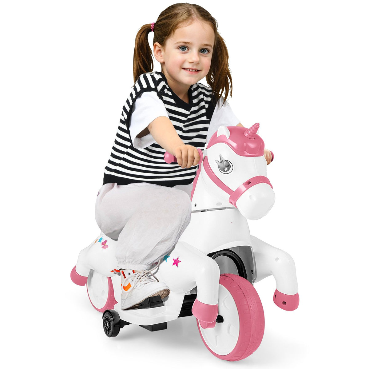 12V Unicorn Ride on Toy with Training Wheels and Horse Riding Mode-Pink view 4