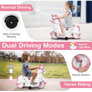 12V Unicorn Ride on Toy with Training Wheels and Horse Riding Mode-Pink view 6