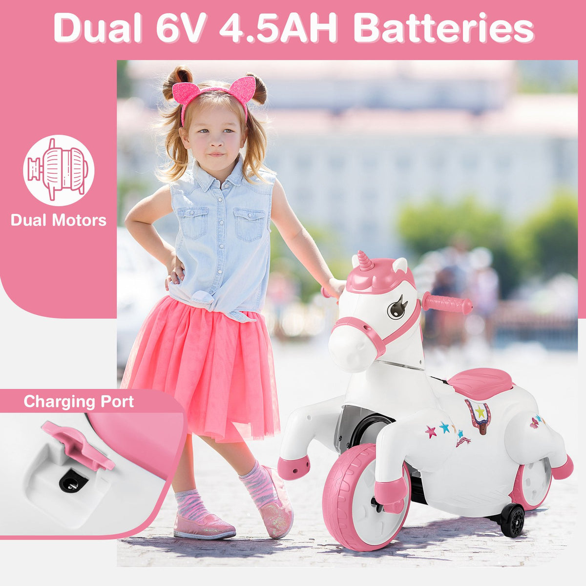 12V Unicorn Ride on Toy with Training Wheels and Horse Riding Mode-Pink view 8