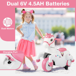 12V Unicorn Ride on Toy with Training Wheels and Horse Riding Mode-Pink view 8