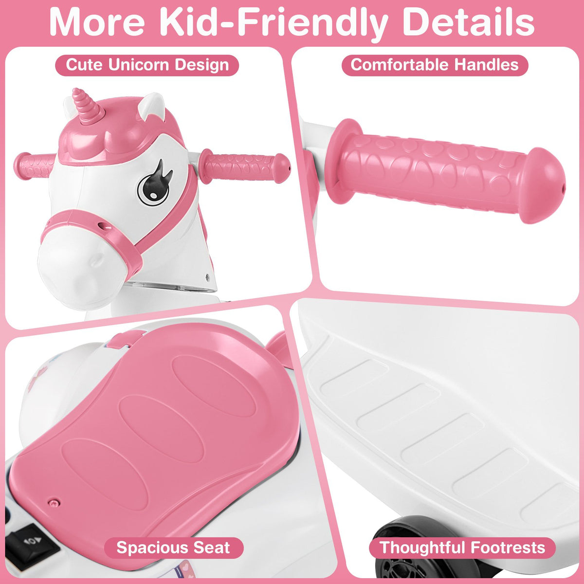 12V Unicorn Ride on Toy with Training Wheels and Horse Riding Mode-Pink view 9