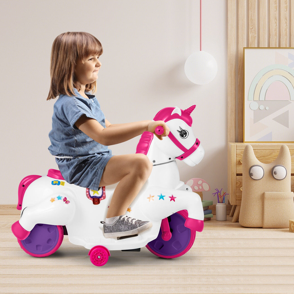12V Unicorn Ride on Toy with Training Wheels and Horse Riding Mode-Rose Red view 3
