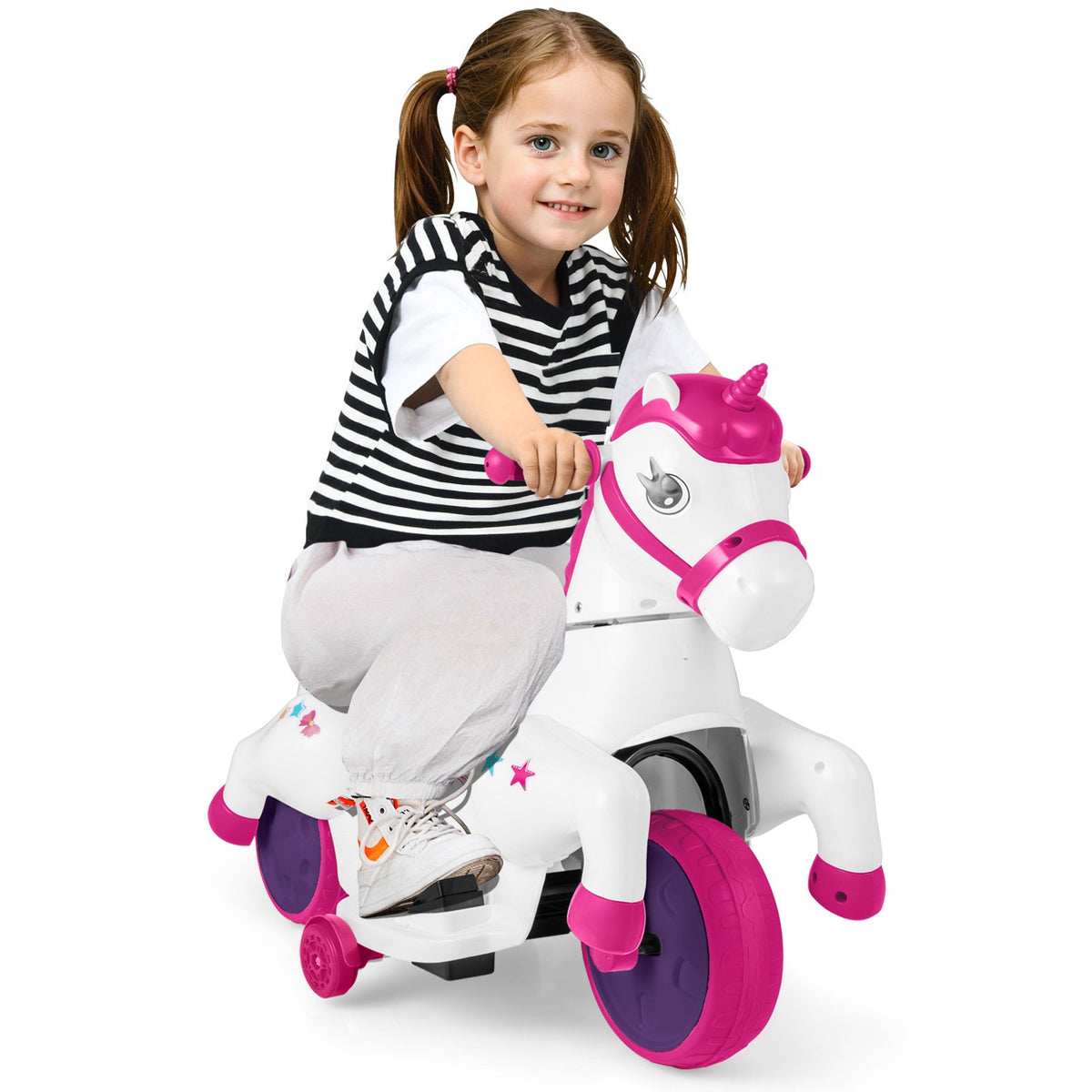 12V Unicorn Ride on Toy with Training Wheels and Horse Riding Mode-Rose Red view 4