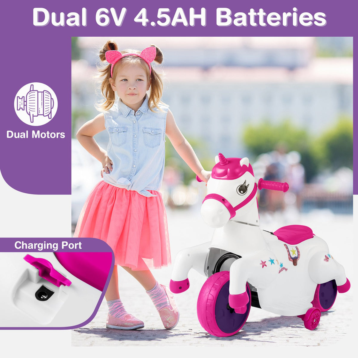 12V Unicorn Ride on Toy with Training Wheels and Horse Riding Mode-Rose Red view 6